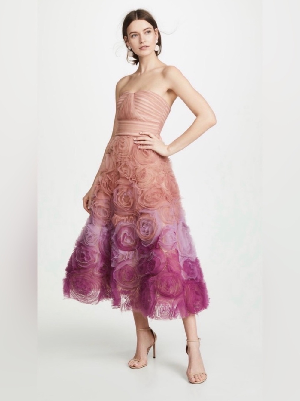 Marchesa Notte Peach Pink Ombre Rosette Tulle Strapless Midi Cocktail Dress 10